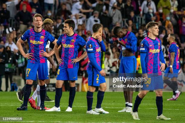 Barcelona players are seen after the UEFA Europa League quarter Final Second Leg football match between FC Barcelona and Eintracht Frankfurt at the...