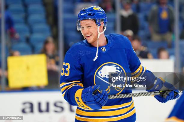 Jeff Skinner of the Buffalo Sabres smiles during warmups prior to an NHL game against the St. Louis Blues on April 14, 2022 at KeyBank Center in...