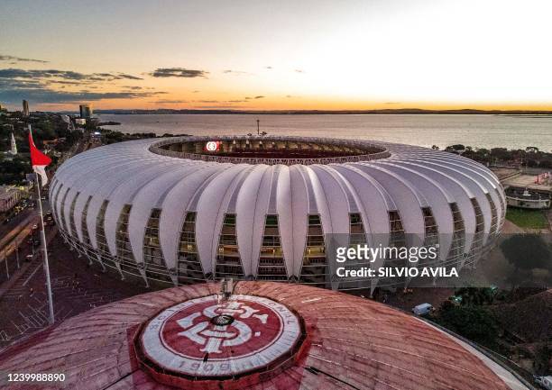 Aerial view of the Beira-Rio Stadium in Porto Alegre, Brazil, taken on April 14 before the Copa Sudamericana group stage first leg football match...