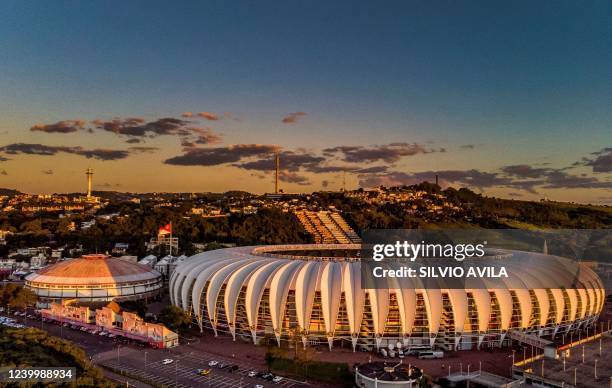 Aerial view of the Beira-Rio Stadium in Porto Alegre, Brazil, taken on April 14 before the Copa Sudamericana group stage first leg football match...