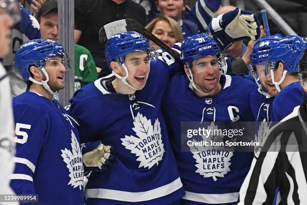 Toronto Maple Leafs Left Wing Ilya Mikheyev celebrates his third period goal with Center John Tavares and Winger Alexander Kerfoot during the regular...