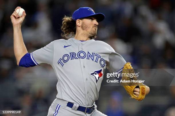 Kevin Gausman of the Toronto Blue Jays pitches against the New York Yankees during the third inning at Yankee Stadium on April 14, 2022 in the Bronx...