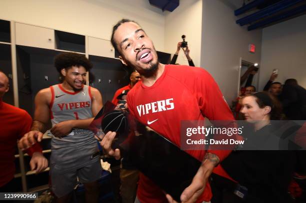 Gerald Green of the Rio Grande Valley Vipers celebrates with the G League Finals Trophy after winning Game 2 of the 2021-22 G League Finals on April...