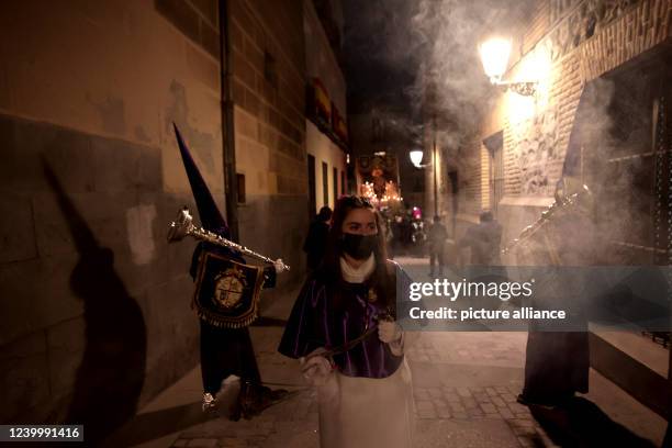 Madrid, Spain, 14.'4.2022.- Through the center of Madrid the procession of the Royal, Illustrious and Fervent Brotherhood and Brotherhood of...