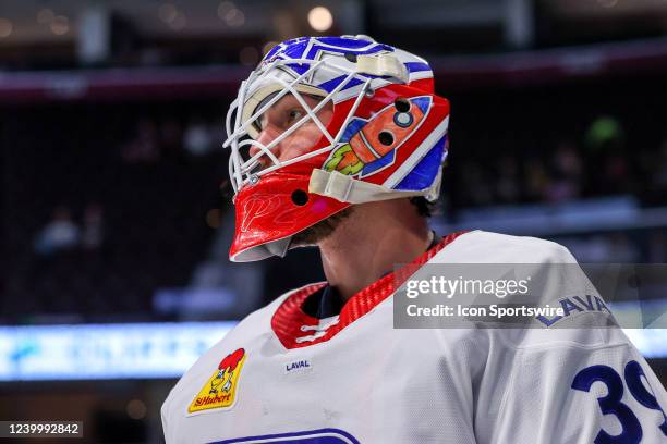 Laval Rocket goalie Kevin Poulin on the ice during the first period of the American Hockey League game between the Laval Rocket and Cleveland...