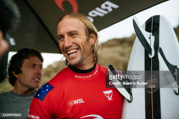 Owen Wright of Australia after surfing in Heat 1 of the Round of 16 at the Rip Curl Pro Bells Beach on April 15, 2022 at Bells Beach, Victoria,...