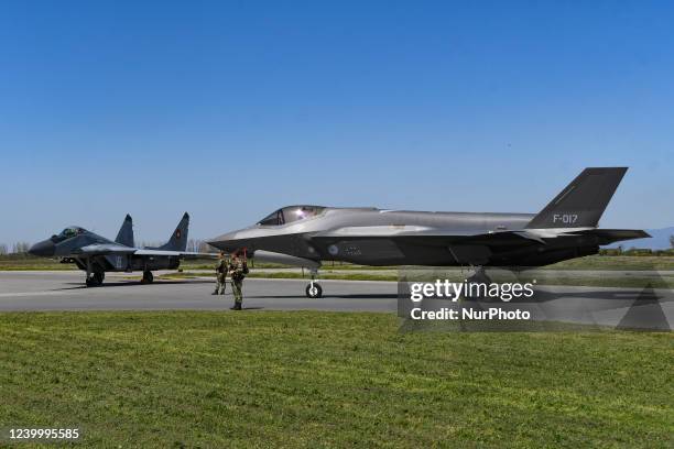 MiG-29 and F-35 jets at Graf Ignatievo Air Force Base near Plovdiv, Bulgaria on 14 April, 2022. Four Lockheed Martin F-35 Lightning II jets were...