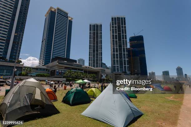 Tents set up by protesters at Galle Face Green urban park in Colombo, Sri Lanka, on Friday, April 15, 2022. A Sri Lankan delegation is headed to...