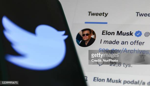 Elon Musk's Tweet displayed on a screen and Twitter logo displayed on a phone screen are seen in this illustration photo taken in Krakow, Poland on...