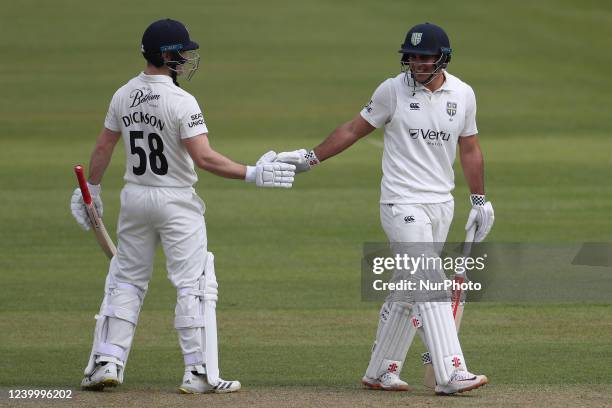 Durham's David Bedingham and Sean Dickson during the LV= County Championship match between Durham County Cricket Club and Leicestershire County...