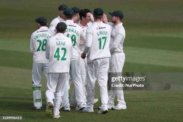 Chris Wright of Leicestershire celebrates after trapping Michael Jones LBW during the LV= County Championship match between Durham County Cricket...