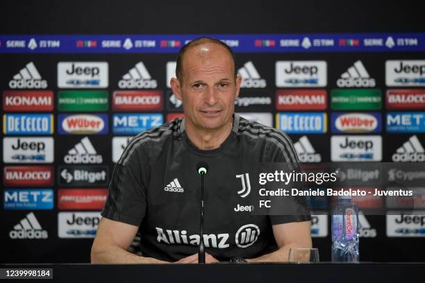 Massimiliano Allegri of Juventus during a press conference at Allianz Stadium on April 15, 2022 in Turin, Italy.