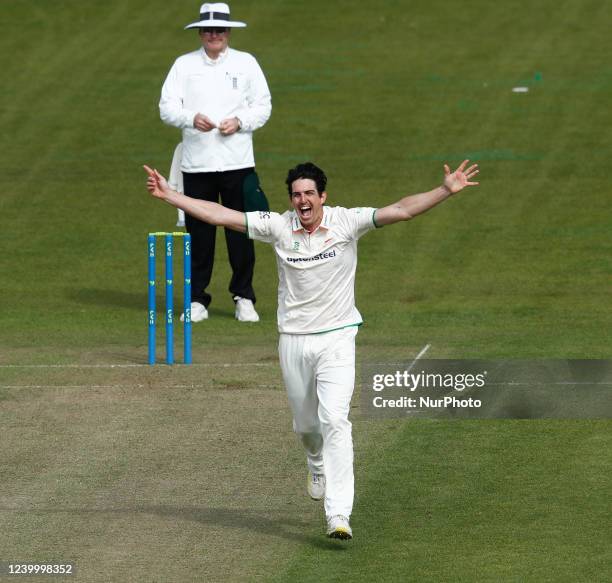 Chris Wright of Leicestershire celebrates after taking the wicket of Michael Jones of Durham during the LV= County Championship Division 2 match...