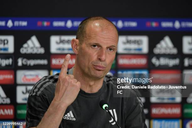 Massimiliano Allegri of Juventus during a press conference at Allianz Stadium on April 15, 2022 in Turin, Italy.