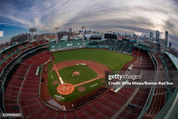 General view as the sun rises before the 2022 Opening Day game between the Boston Red Sox and the Minnesota Twins on April 15, 2022 at Fenway Park in...