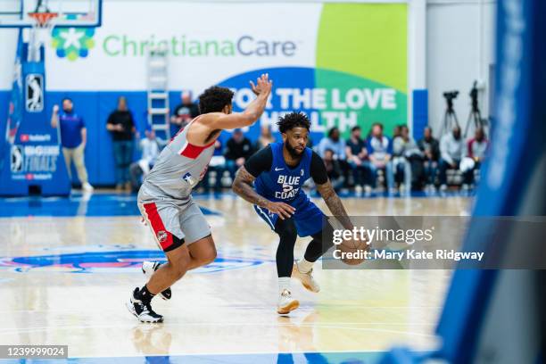 Myles Powell of the Delaware Blue Coats handles the ball against the Rio Grande Valley Vipers during Game 2 of the 2021-22 G League Finals on April...