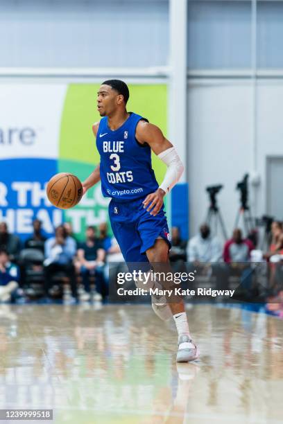 Shaquille Harrison of the Delaware Blue Coats handles the ball against the Rio Grande Valley Vipers during Game 2 of the 2021-22 G League Finals on...