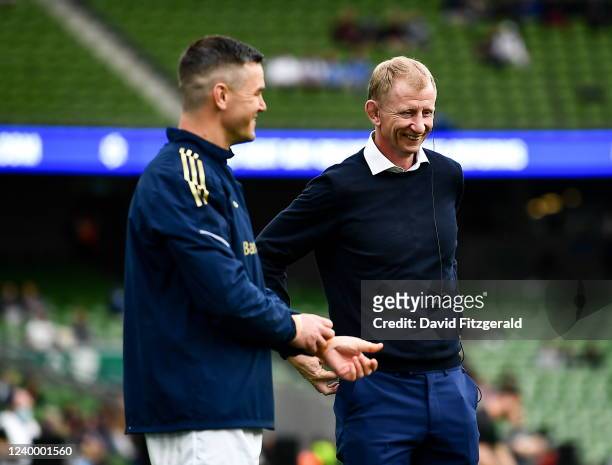 Dublin , Ireland - 15 April 2022; Leinster head coach Leo Cullen with Jonathan Sexton before the Heineken Champions Cup Round of 16 Second Leg match...
