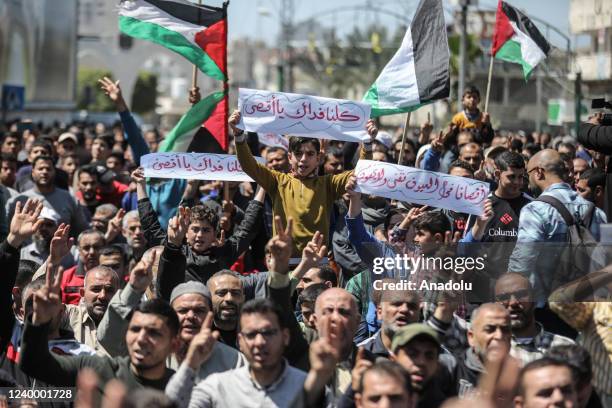 Palestinians gather to stage a protest against Israeli raids in West Bank, Jerusalem and Al-Aqsa Mosque after Friday prayer in Gaza City, Gaza on...