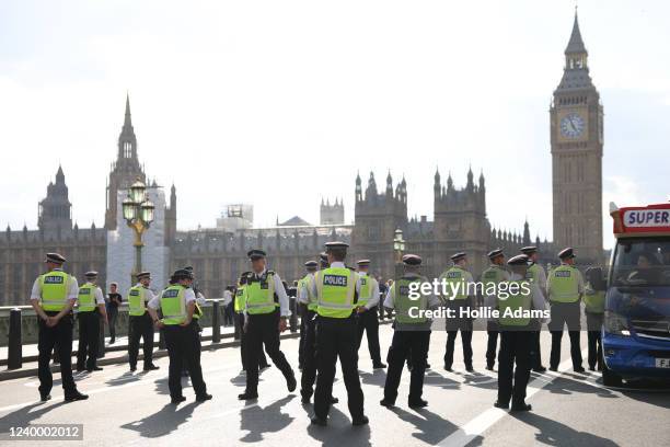 Metropolitan Police reopen Westminster Bridge after it was blocked by Extinction Rebellion protestors on April 15, 2022 in London, England. The...