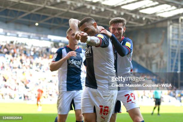 Karlan Grant of West Bromwich Albion celebrates scoring a goal during the Sky Bet Championship match between West Bromwich Albion and Blackpool at...