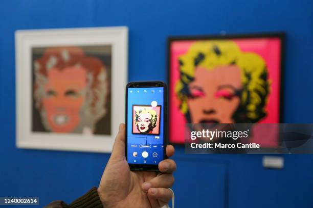 The famous portrait of Marylin Monroe framed by a smartphone, in the exhibition dedicated to Andy Warhol in Naples, entitled "Andy is Back", during...