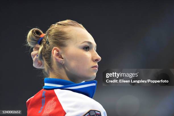 Daria Spiridonova of Russia waiting to compete during the FIG Artistic Gymnastics World Cup event at the Porsche Arena on March 17, 2017 in...