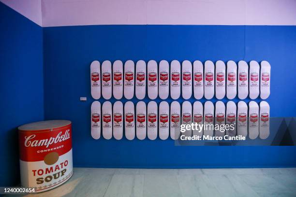 Campbell's famous soup in the exhibition dedicated to Andy Warhol in Naples, entitled "Andy is Back", during the press preview.