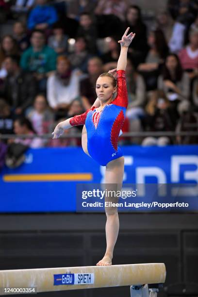 Daria Spiridonova of Russia competing on balance beam during the FIG Artistic Gymnastics World Cup event at the Porsche Arena on March 17, 2017 in...