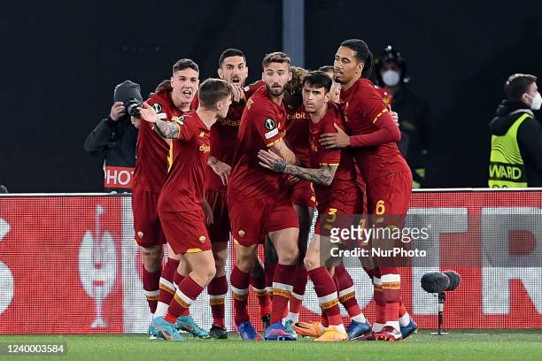 Tammy Abraham of AS Roma celebrates after scoring first goal during the UEFA Conference League Quarter-Finals leg 2 match between AS Roma and...