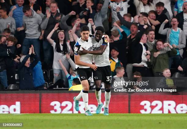 Derby County's Luke Plange celebrates scoring their side's first goal of the game during the Sky Bet Championship match at Pride Park Stadium, Derby....