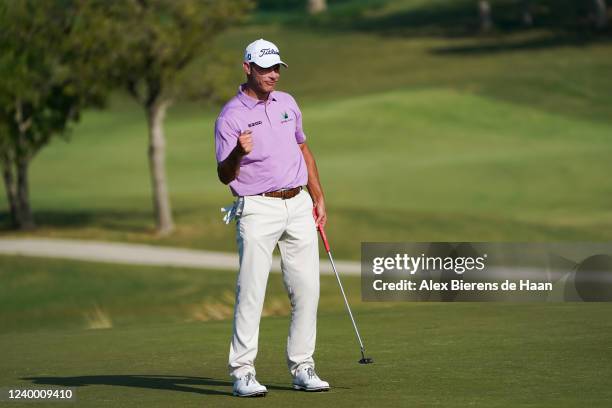 Shawn Stefani reacts after completing the 18th hole during the third round of the Veritex Bank Championship at Texas Rangers Golf Club on April 15,...