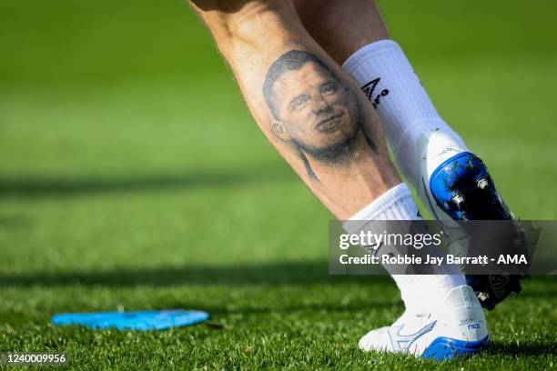 Tattoo of Jordan Sinnott is seen on the calf of Danny Ward of Huddersfield Town during the Sky Bet Championship match between Huddersfield Town and...