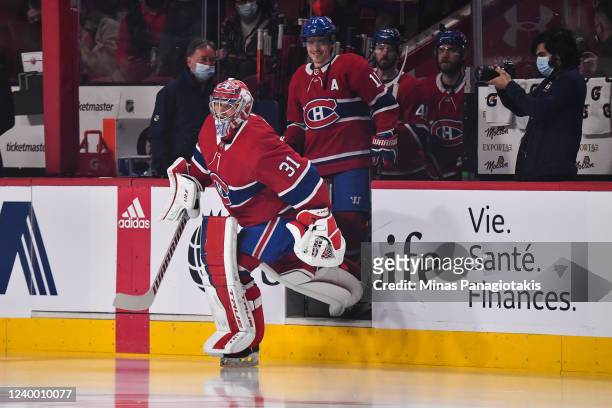Carey Price of the Montreal Canadiens takes to the ice during warmups prior to the game against the New York Islanders at Centre Bell on April 15,...