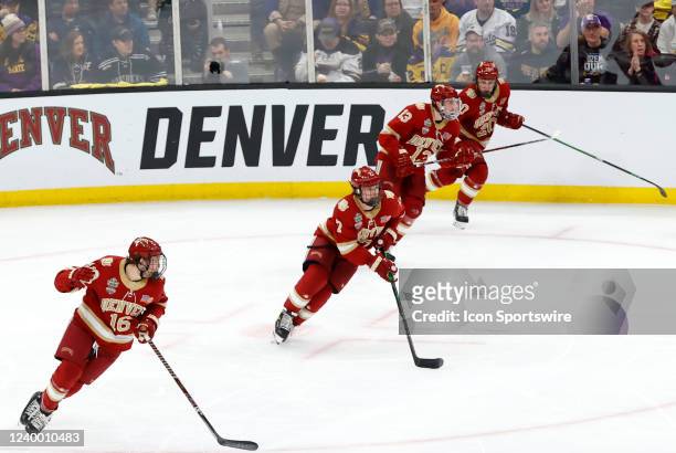 Denver starts up ice during the NCAA Frozen Four final between the Denver Pioneers and the Minnesota State Mavericks on April 9 at TD Garden in...