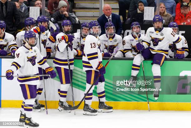 Stunned Minnesota State bench during the NCAA Frozen Four final between the Denver Pioneers and the Minnesota State Mavericks on April 9 at TD Garden...