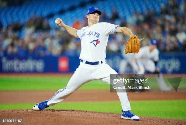 Ross Stripling of the Toronto Blue Jays pitches the Oakland Athletics in the first inning during their MLB game at the Rogers Centre on April 15,...