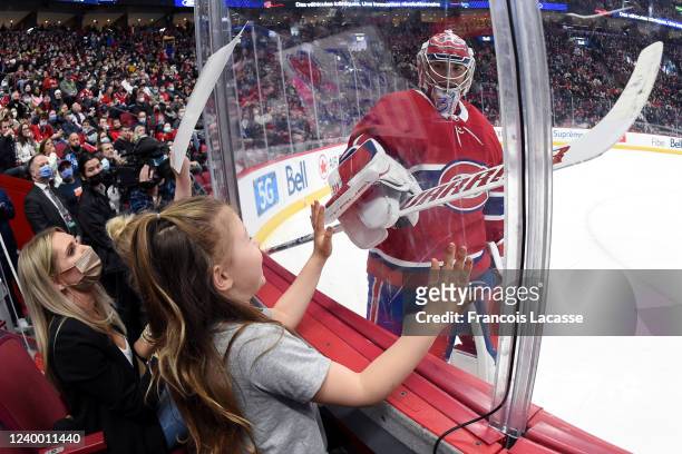 Carey Price of the Montreal Canadiens stands on the ice during the NHL game againstof the New York Islanders at the Bell Centre on April 15, 2022 in...