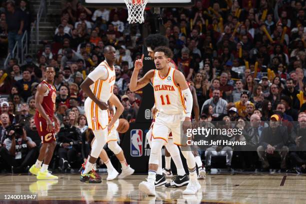 Trae Young of the Atlanta Hawks looks on during the game against the Cleveland Cavaliers during the 2022 Play-In Tournament on April 15, 2022 at...