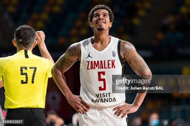 Edgar Sosa of the Zamalek smilesduring the game against the Clube Atlético Petroleos de Luanda on April 15, 2022 at the Hassan Mostafa Indoor Sports...