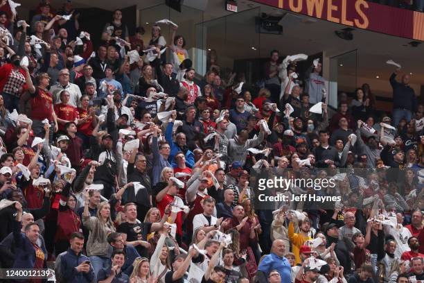 Fans of the Cleveland Cavaliers cheer on their team during the game against the Atlanta Hawks during the 2022 Play-In Tournament on April 15, 2022 at...