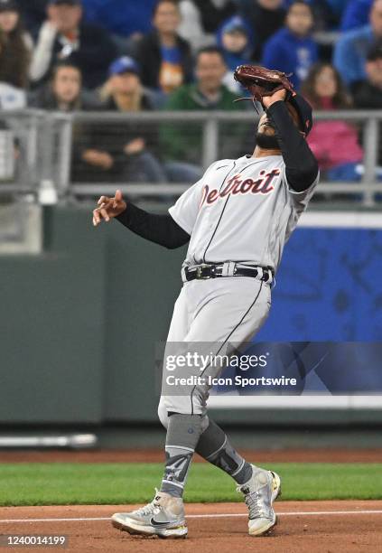 Detroit Tigers shortstop Harold Castro catches a fly ball for an out during a Major League Baseball game between the Detroit Tigers and the Kansas...