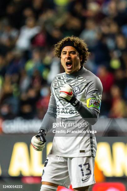 Guillermo Ochoa of America celebrates the victory of his team during the 14th round match between Club Tijuana and America as part of the Torneo...