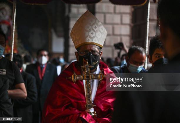Archbishop of Cusco, Richard Daniel Alarcón Urrutia, during the procession with the Holy Sepulchre / Santo Sepulcro and the Virgen Dolorosa , through...