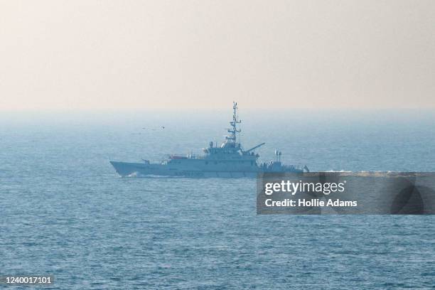 Border Force patrol vessel in the English Channel on April 16, 2022 in Dover, England. Home Secretary Priti Patel has signed a new deal with Rwanda...