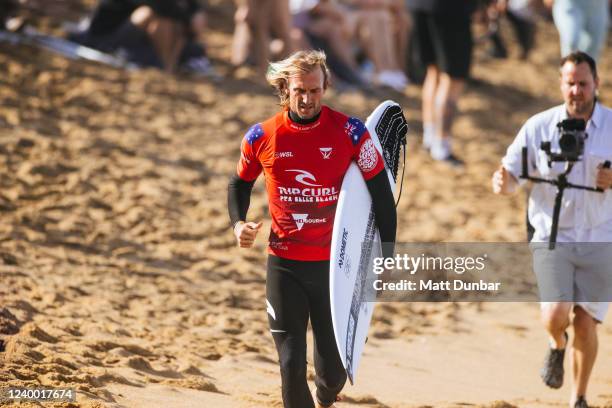 Owen Wright of Australia surfs in Heat 1 of the Quarterfinals at the Rip Curl Pro Bells Beach on April 16, 2022 at Bells Beach, Victoria, Australia