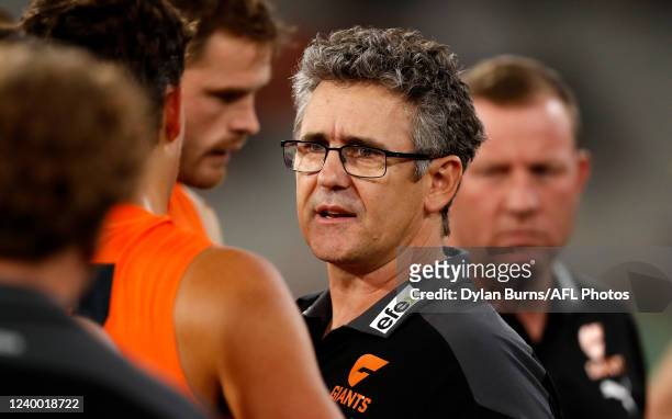 Leon Cameron, Senior Coach of the Giants addresses his players during the 2022 AFL Round 05 match between the Melbourne Demons and the GWS Giants at...