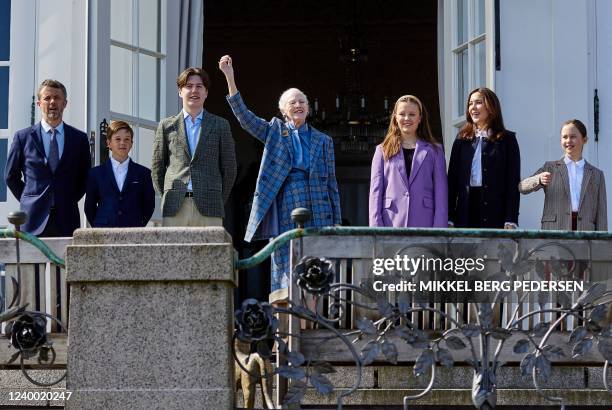Denmark's Queen Margrethe II greets well-wishers as Crown Prince Frederik , Prince Vincent , Prince Christian , Princess Isabella , Crown Princess...