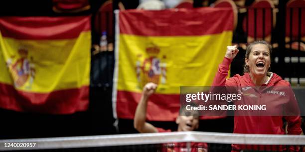 Spain's coach Anabel Medina Garrigues celebrates during a singles match of the qualifying round between Netherlands and Spain for The Billie Jean...