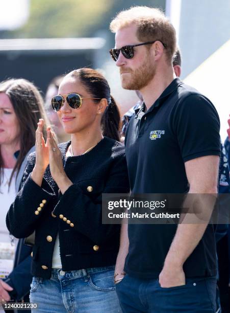 Prince Harry, Duke of Sussex and Meghan, Duchess of Sussex at The Land Rover Driving Challenge during the Invictus Games at Zuiderpark on April 16,...